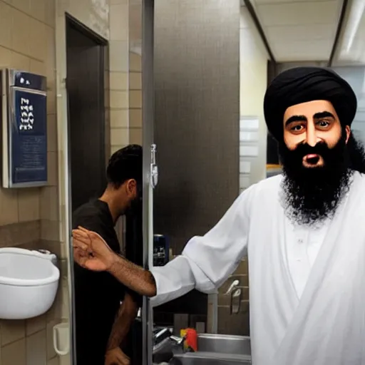 Image similar to osama bin laden shaving off his beard in a macdonalds washroom