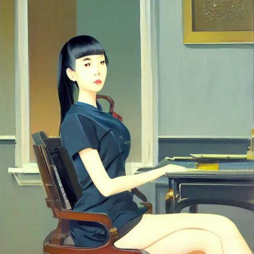 Image similar to oil painting by ilya kuvshinov, sakimichan, coby whitmore, of a youthful japanese beauty, long hair, sitting on antique chair leaning against a desk, victorian room