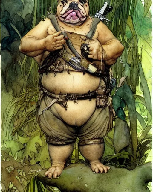 Prompt: a realistic and atmospheric watercolour fantasy character concept art portrait of a fat adorable chibi bulldog soldier in the jungle, by rebecca guay, michael kaluta, charles vess and jean moebius giraud