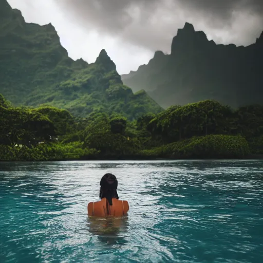 Image similar to a [ woman swimming in tahiti ] during a thunderstorm, [ 4 k photorealism ]!!, trending on unsplash, 4 k