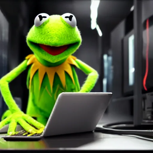 Prompt: Kermit the frog as a computer hacker, wearing a hoodie in a dim data center over a computer screen glowing, cyberpunk unreal 4k muppet digital art