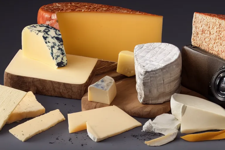 Image similar to a camera made of various types of cheese, Photo, photorealistic, details, studio lights
