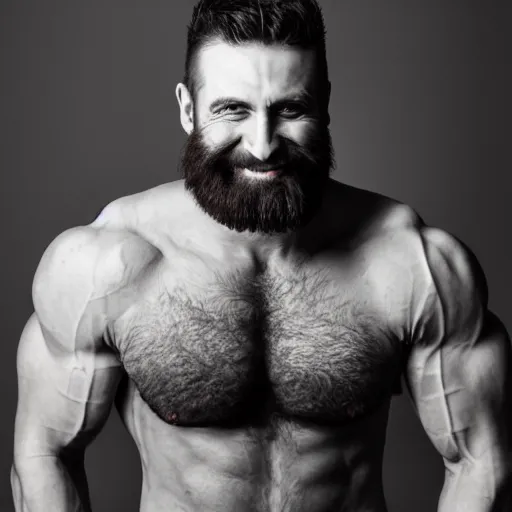 Image similar to Vivid color photography of a very muscular man smiling with a chiseled jawline and trimmed beard