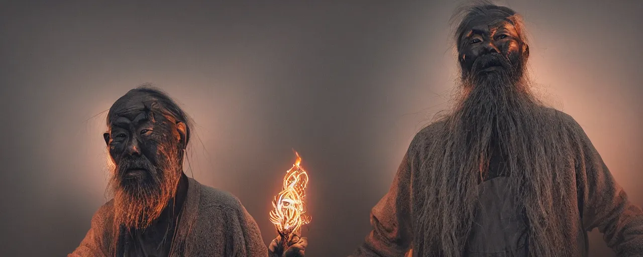 Prompt: full body shot of old asian man with long beard, his head covered in roots, full face occult silver mask, glowing eyes, holding a huge carved wooden dark fractal stick, thick smoke around him, in the burning soil desert, cinematic shot, wide angle, dark desert background, volumetric lighting by Denis Villeneuve, Lubezki, Gaspar Noe, Christopher Doyle and Alejandro Jodorowsky, anamorphic lens, anamorphic lens flares, kodakchrome, cinematic composition, practical effects, award winning photo, 8k