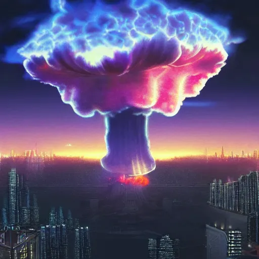 Image similar to digital matte painting of a large and dramatic nuclear mushroom cloud above a urban cyberpunk nighttime city skyline, vaporwave