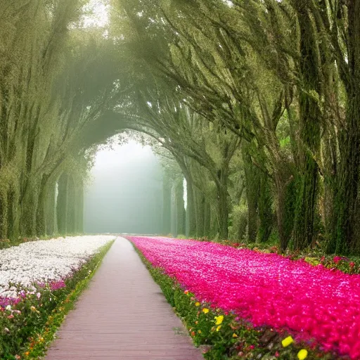 Prompt: photo of an endless heavenly corridor filled with flowers