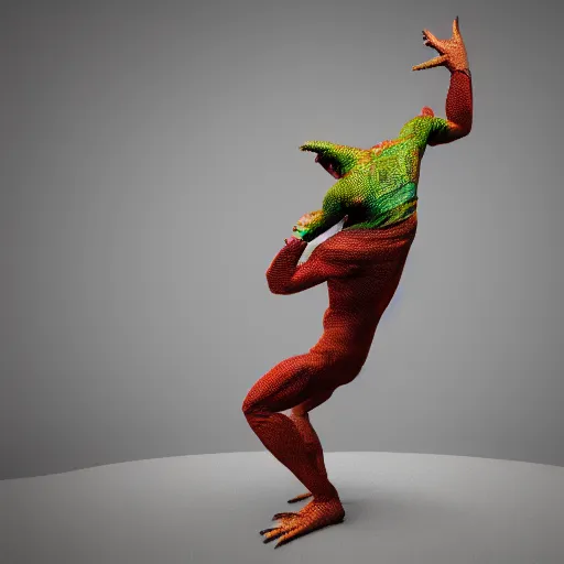 Image similar to 3D render on a lizard man super hero catching a fly