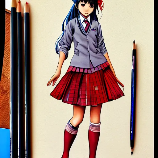 Image similar to a perfect, realistic professional digital sketch of a Japanese schoolgirl in style of Marvel, full length, by pen and watercolor, by a professional American artist on ArtStation, a hollywood-style sketch, on high-quality paper