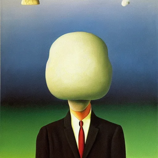 Prompt: surrealist painting of a man with a mushroom for a head, rene magritte, oil on canvas