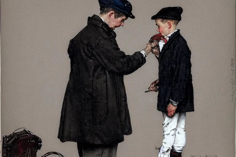 Image similar to a young man wearing a newsboy cap putting on his coat, magazine design, white background, by norman rockwell