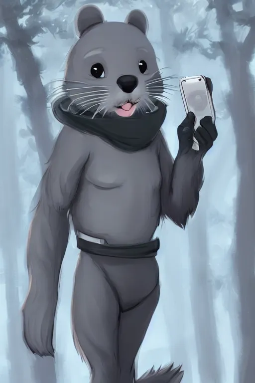 Prompt: a cute male gray otter fursona wearing tight stylish futuristic clothes in the dreamy forest, fantasy, 8 k resolution, hyper detailed, d & d, character design, digital painting, trending on artstation, sharp focus, illustration, art by artgerm, steve zheng, fuji choko, viktoria gavrilenko, hoang lap