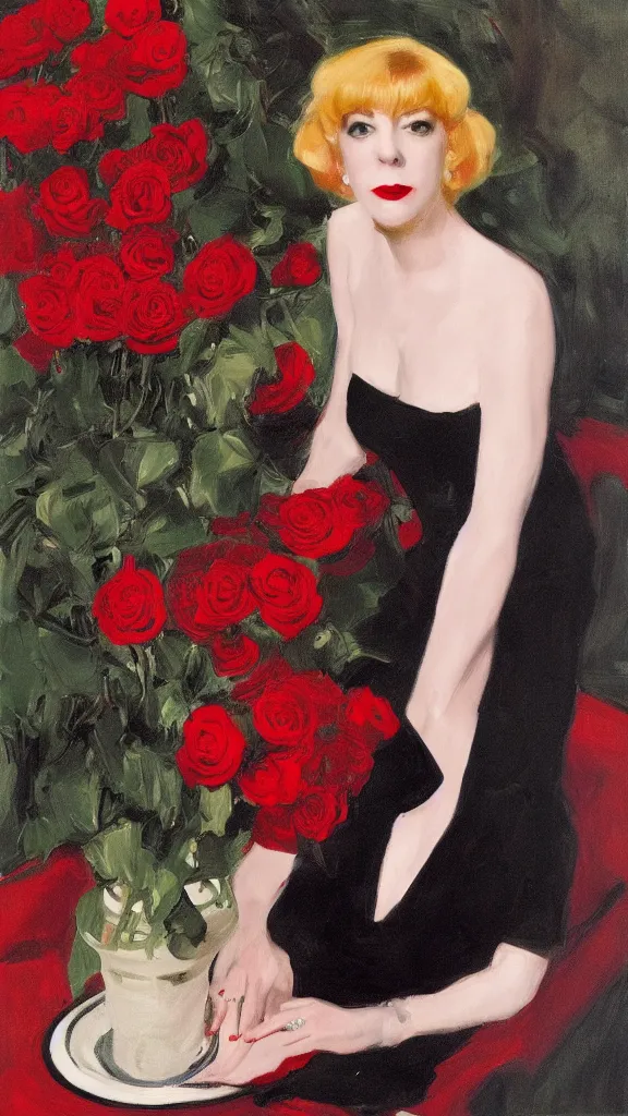 Image similar to portrait of julee cruise in lynch pattern beside a detailed pot of red roses, blue and red lights painted by john singer sargent