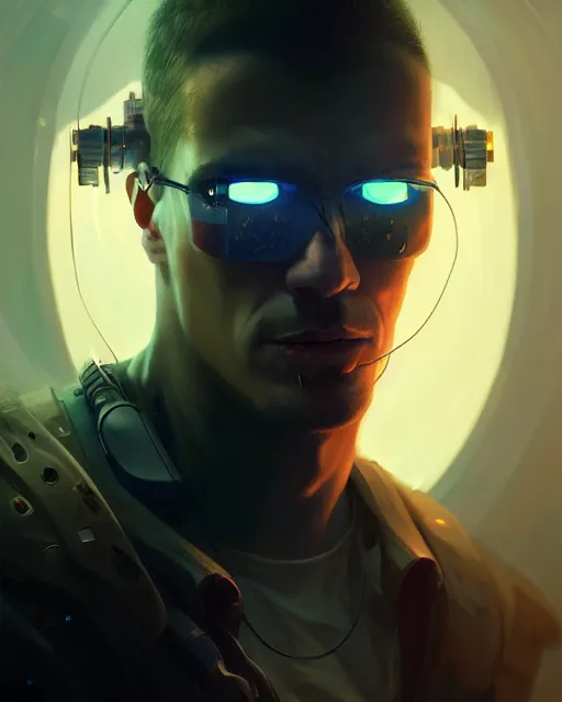 Prompt: cyberpunk male portrait, handsome, sci fi, cyborg, gears, complex 3 d render by peter mohrbacher, ilya kuvshinov, greg rutkowski, ryohei hase, dramatic lighting, intricate, highly detailed, sharp focus, luminous, unreal engine, blender, artstation, masterpiece, ray tracing