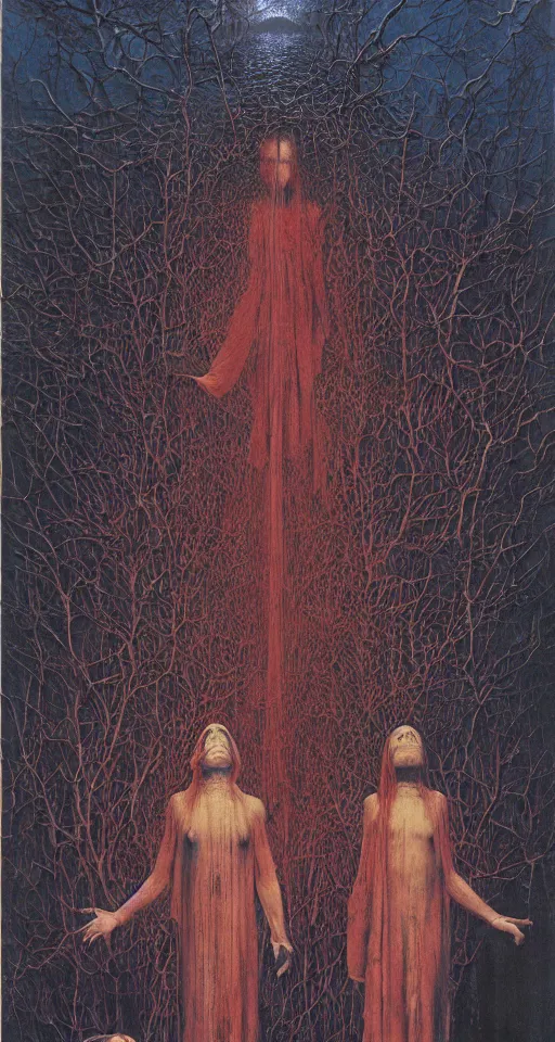 Image similar to worshippers in robes belonging to the cult of the dark forest standing in the darkness, high detailed beksinski painting, part by adrian ghenie and gerhard richter. art by takato yamamoto. masterpiece, deep colours, blue