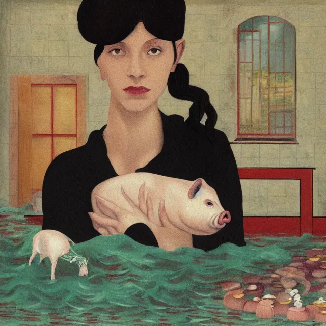 Image similar to tall female emo artist holding a pig in her flooded apartment, mushrooms, octopus, water gushing from ceiling, painting of flood waters inside an artist's apartment, a river flooding indoors, pomegranates, pigs, ikebana, zen, river, rapids, waterfall, black swans, canoe, berries, acrylic on canvas, surrealist, by magritte and monet