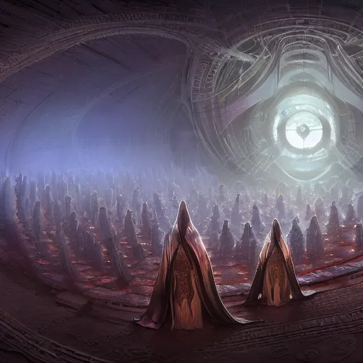 Image similar to a cylindrical quantum computer surrounded by a dark cabal of hooded elven mystics with long robes gathered in a circular formation, michael whelan art, dan seagrave art, cgsociety, artstation, epic scifi fantasy art