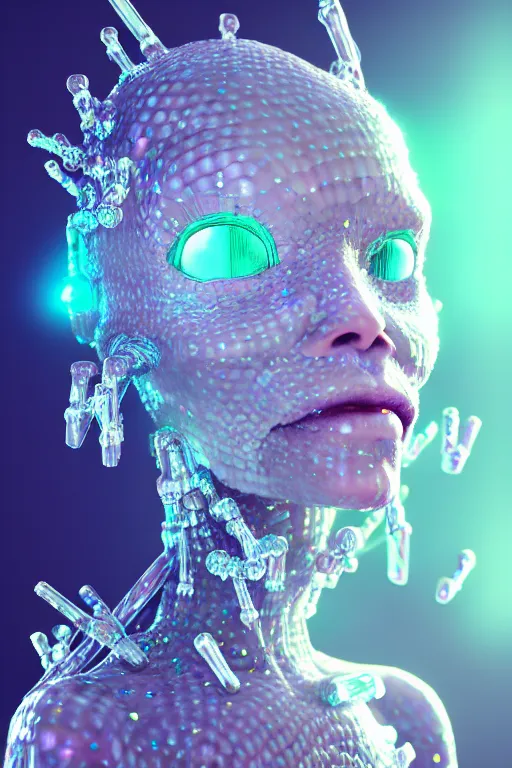 Image similar to skin concept anthropomorph, biopunk, in full growth, magical crystals, smoky crystals, translucent crystals, luminous sparkling crystals, many details, 3 d, cinematic, hyper realism, high detail, octane render