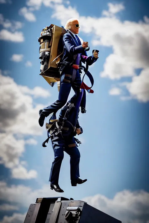 Image similar to joe biden flying with jet pack, hdr, masterpiece, photorealistic, cinematic, smooth, 4 k, aesthetic lighting, baroque object, sharp focus, hyperdetailed, featured face details, tumblr trending, with small object details, winning pullitzer award photo by : canon eos 5 d mark iv, by karah mew and adnan abidi and jodie bateman