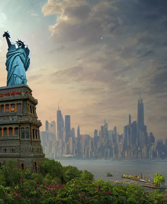 Prompt: highly detailed digital matte painting of a Lady Liberty statue with a few vines and nature with overgrowth Full shot. By Raphael LaCoste and Ruan Jia and Robert McCall, postcyberpunk, geodesic dome, hyperdetailed, sunrise, wide shot, autochrome, octane render