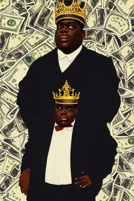 Image similar to portrait of biggie smalls with kings crown and royal outfit, royal background, piles of money, modern, eclectic, illustration, by ramon casas