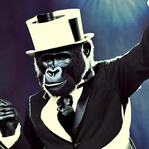 Image similar to a gorilla wearing a tuxedo and top hat while performing magic on a stage in Las Vegas