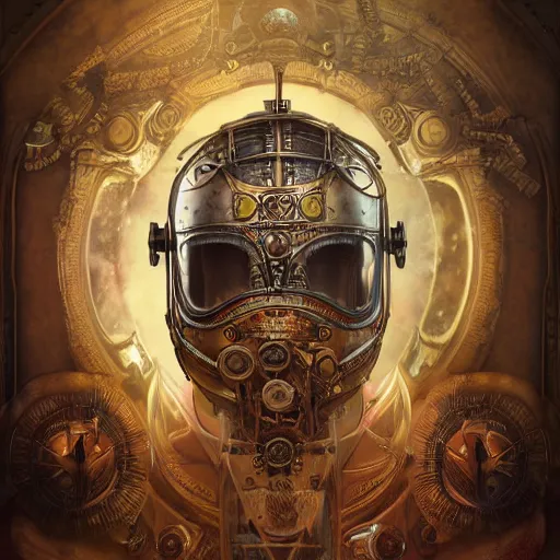 Image similar to dan mumford tom bagshaw, dream world curiosities carnival flying, photorealistic octane render of a single very beautiful helmet full long steampunk metallic armored ornate female, partial symmetry accurate features, focus, very intricate ultrafine details, award winning masterpiece, steampunk world