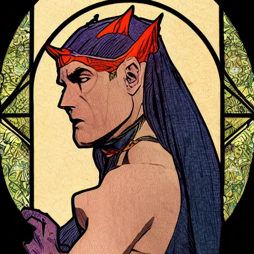 Image similar to Portrait Batman ancient biblical, sultry, sneering, evil, pagan, wicked, highly detailed, masterpiece 8K digital illustration, art by Mucha, highly detailed
