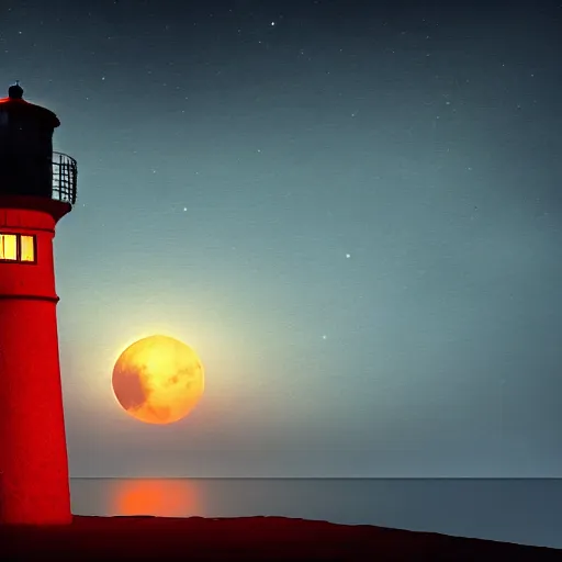 Image similar to lonely lighthouse in a red moon shaped pool, style by ayvazovsky and stanley kubrick, cinematic lighting, more details, hyper realistic,