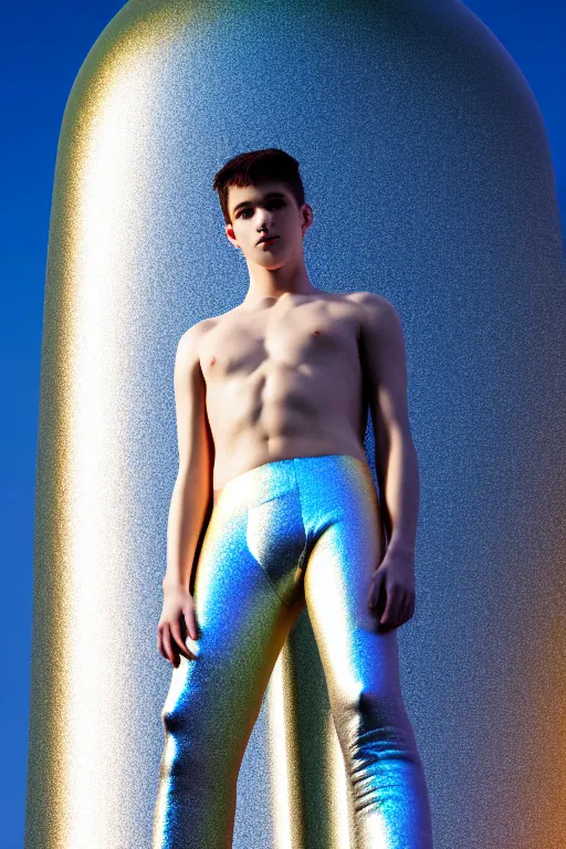 Image similar to un ultra high definition studio quality photographic art portrait of a young man standing on the rooftop of a british apartment building wearing soft baggy inflatable padded silver iridescent pearlescent clothing. three point light. extremely detailed. golden ratio, ray tracing, volumetric light, shallow depth of field. set dressed.