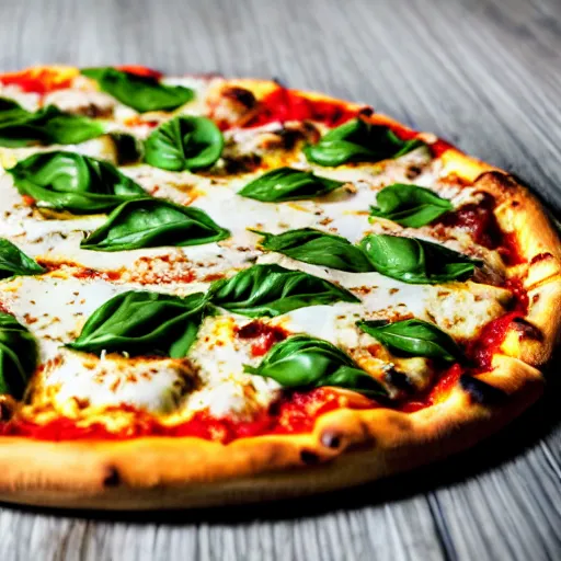 Prompt: A super realistic photograph of a pizza with mozzarella di buffala and basil leaves cooked in a wood fire