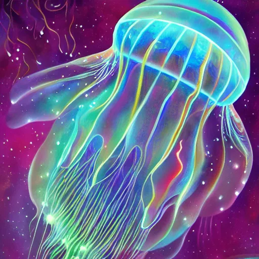Prompt: furry jellyfish creature in magical realism luminescent airbrush underwater mystical world detailed painting 4 k