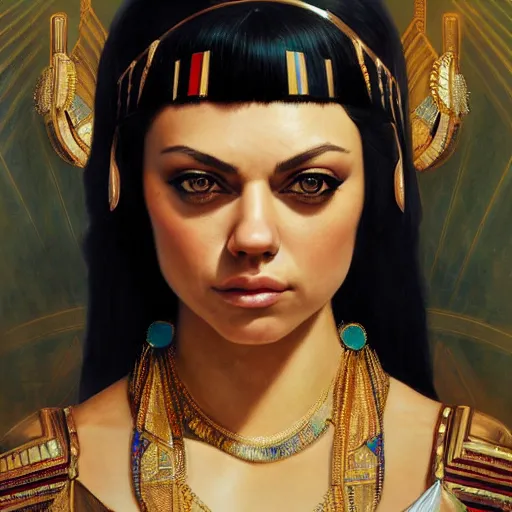 Prompt: a closeup portrait of a young mila kunis as cleopatra, gorgeous view, pyramid background, masterpiece, illustration by artgerm and greg rutkowski and alphonse mucha, digital art, trending on artstation