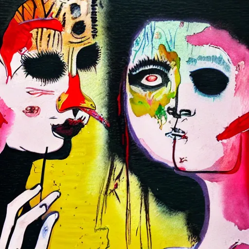 Image similar to watercolor painting of two bizarre psychedelic goth women kissing each other closeup in a sushi bar in japan, speculative evolution, mixed media collage by basquiat and jackson pollock, maximalist magazine collage art, sapphic art, lesbian art, chemically damaged