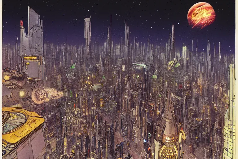 Image similar to a scifi illustration, Night City on Coruscant by m w kaluta