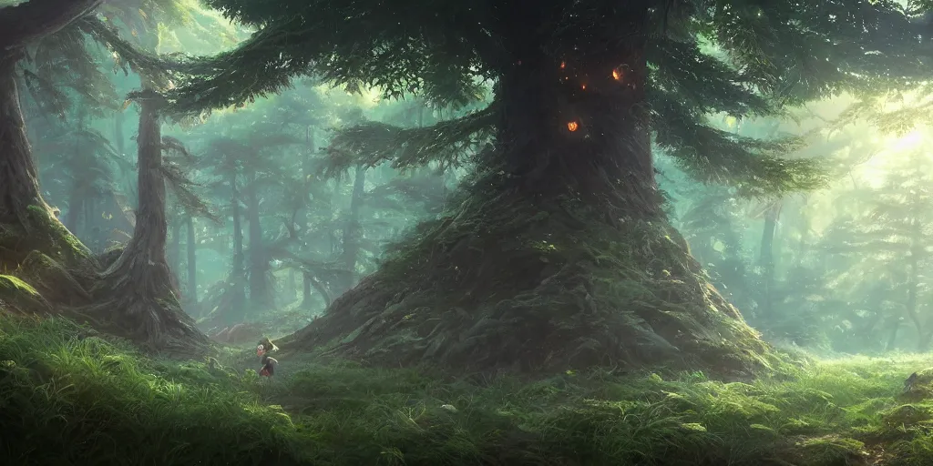 Image similar to a forest, highly detailed oil painting, Studio Ghibli, Jessica Rossier, digital art, octane render, gorgeous lighting, beautiful composition, trending on artstation, masterpiece