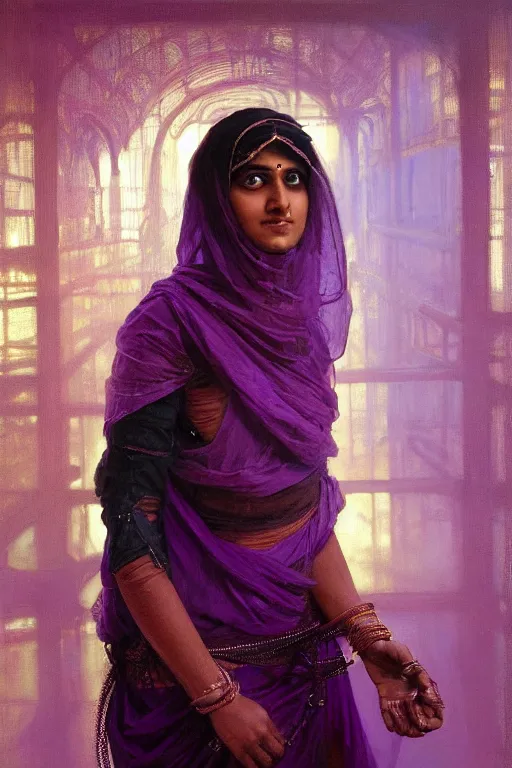 Image similar to hyperrealist portrait of a young indian american woman wearing a purple niqab, it is decorated with long wires and computer monitors are all over their body within the cyberpunk office background. by jeremy mann and alphonse mucha, fantasy art, photo realistic, dynamic lighting, artstation, poster, volumetric lighting, very detailed faces, 8 k, award winning