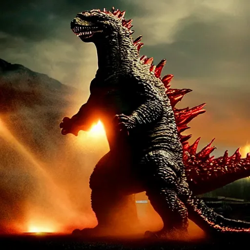 Prompt: godzilla exhaling a large hit from his bong, movie still, cinematic lighting