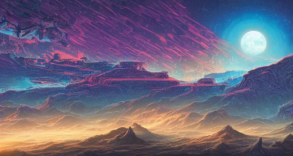 Image similar to a scifi landscape,painting by Dan Mumford,by Tokio Aoyama,trending on artstation,intricate,2d,4k,pastel colors