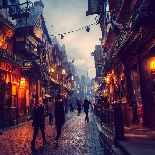 Prompt: a street level photo of a fantasy steampunk victorian city street, with people walking on the streets, at night, 4k, canon 5D