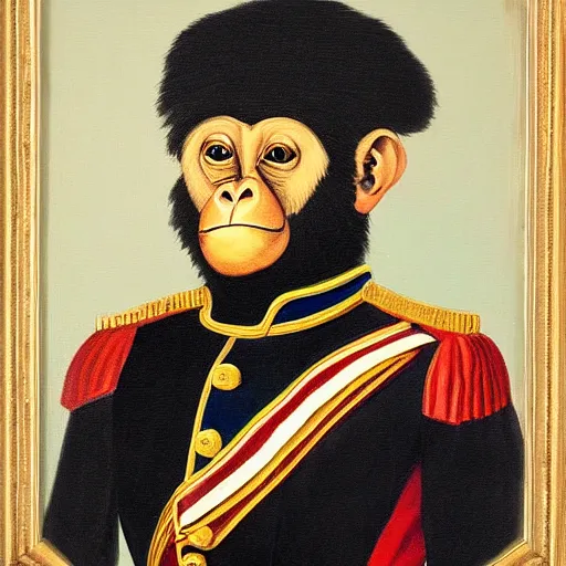 Image similar to An exquisite modern painting of a chimpanzee dressed like a bearded Napoleon with correct military uniform, no frames