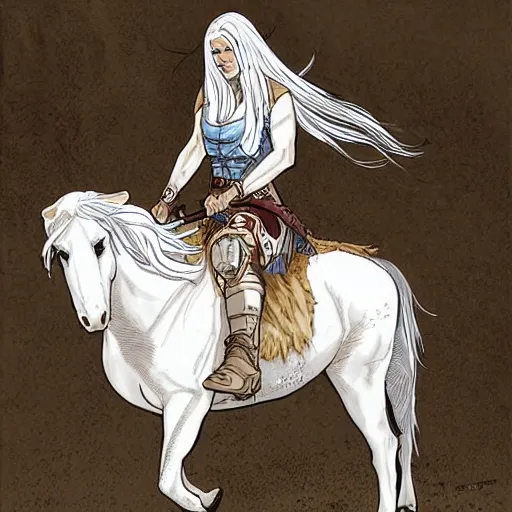 Prompt: an albino viking woman riding a war horse by Humberto Ramos and Mark Robinson,