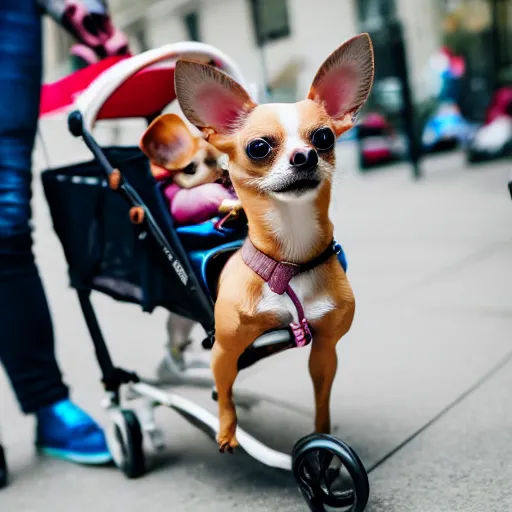 Image similar to a photo of a chihuahua pushing its human in a stroller, 4K UHD, 16mm f/1.4