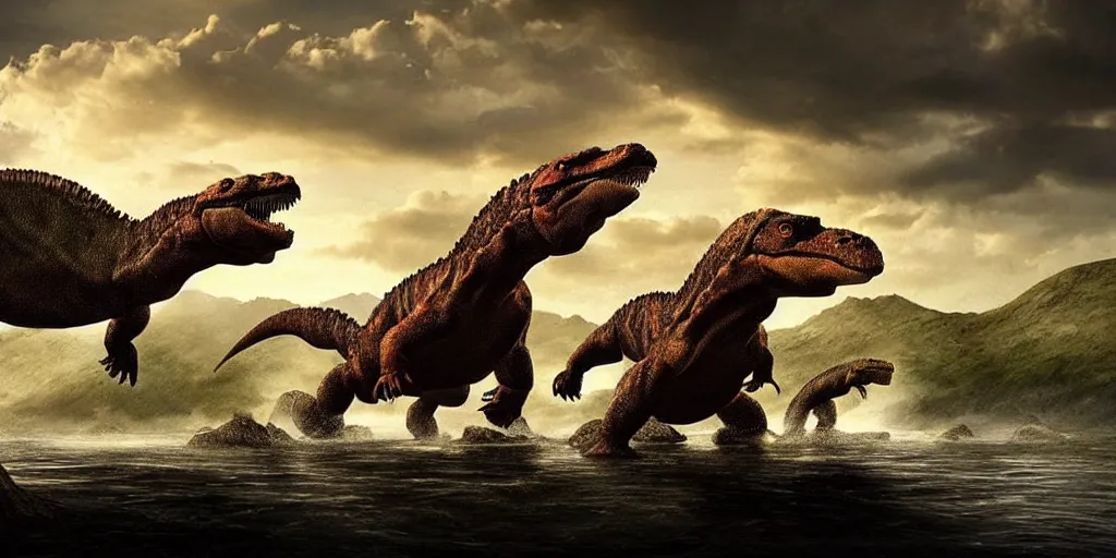 Image similar to amazing prehistoric landscape photo of tyrannosaurus and komodo fighting beside the lake, beautiful dramatic lighting