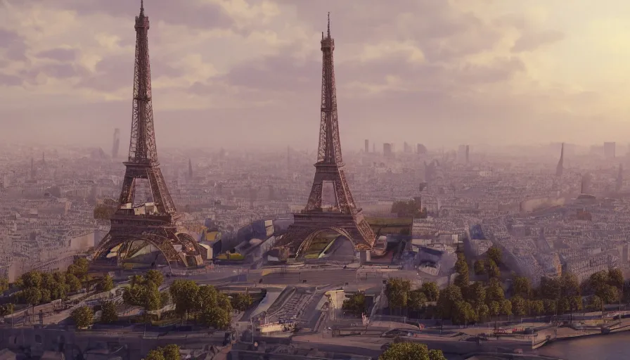 Image similar to Paris destroyed with the Eiffel Tower leaning, hyperdetailed, artstation, cgsociety, 8k