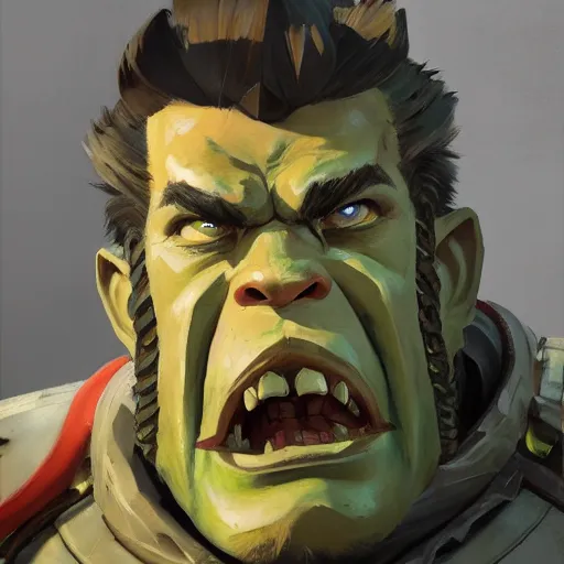 Image similar to greg manchess close - up portrait painting of a ruggedly handsome dieselpunk orc general with olive green skin as an overwatch character, medium shot, asymmetrical, profile picture, organic painting, sunny day, matte painting, bold shapes, hard edges, street art, trending on artstation, by huang guangjian and gil elvgren and sachin teng