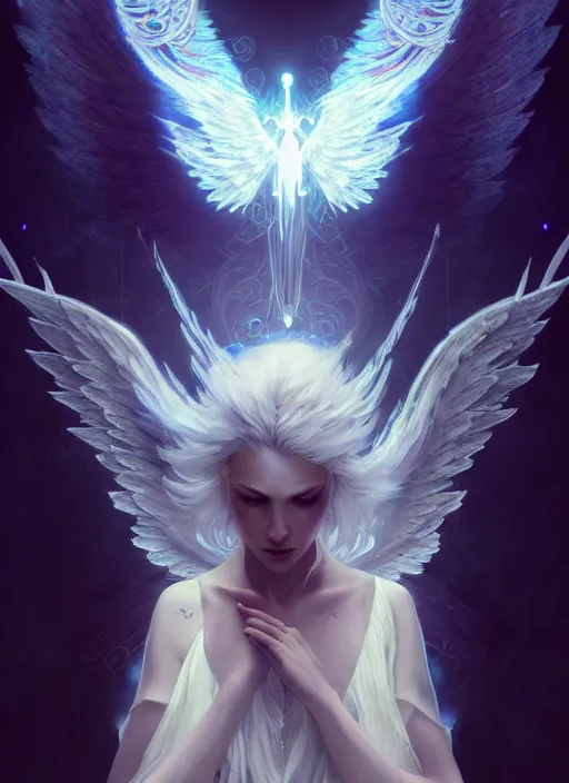 Image similar to a beautiful white haired angel with delicate wings, intricate concept art, ethereal, ominous, mysterious, enchanted, magic, dramatic lighting, illuminated lines, outrun, vaporware, illuminated runes, cyberpunk darksynth, dark background, 8 k, by ruan jia and krenz cushart and alphonse mucha