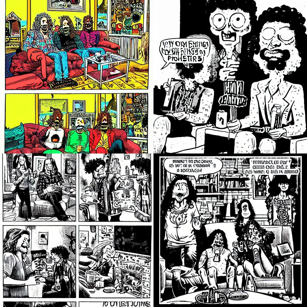 Prompt: friends sitting on the couch smoking and drinking with the freak brothers by Gilbert Shelton