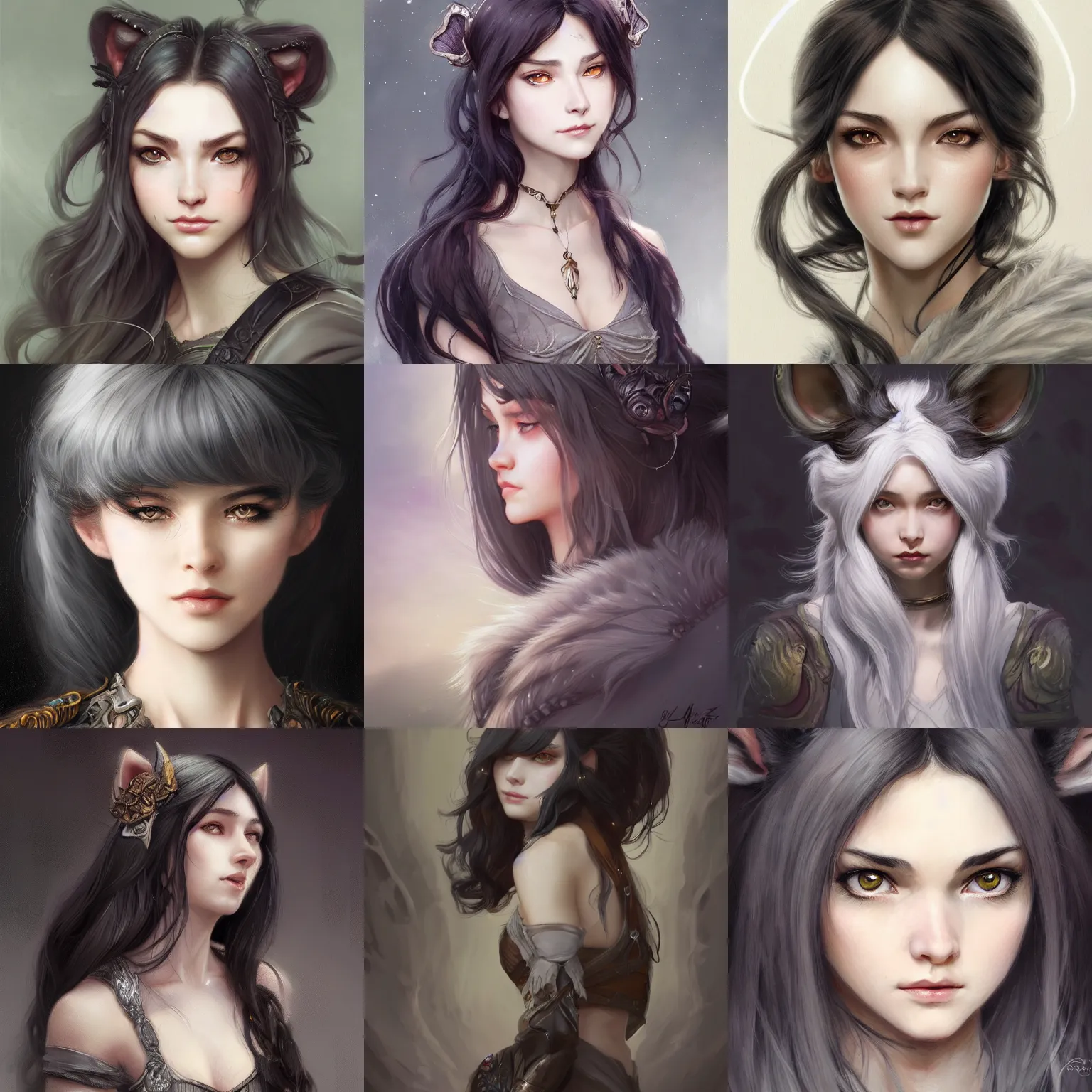 Prompt: 3/4 headshot of young female furry, D&D, cute, fantasy, intricate, long hair, grey skin, mouse ears, black hair, elegant, highly detailed, digital painting, artstation, concept art, smooth, sharp focus, illustration, art by artgerm and greg rutkowski and alphonse mucha