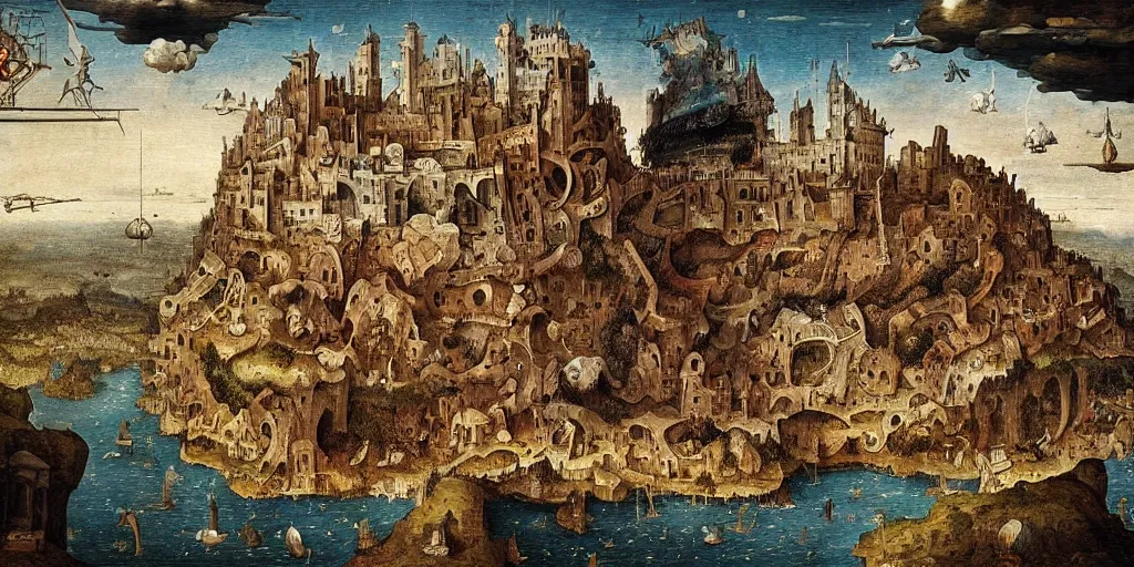 Image similar to laputa : castle in the sky in the style of heironymus bosch, intricate masterpiece, hyper detailed, hd