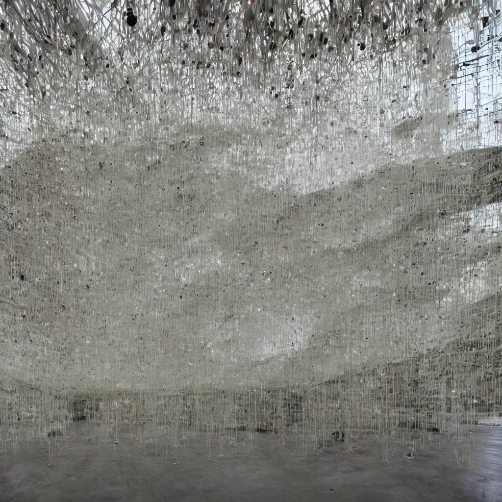 Image similar to neo brutalist herzog & de meuron bioremediation installation, philip beesley, art exhibition